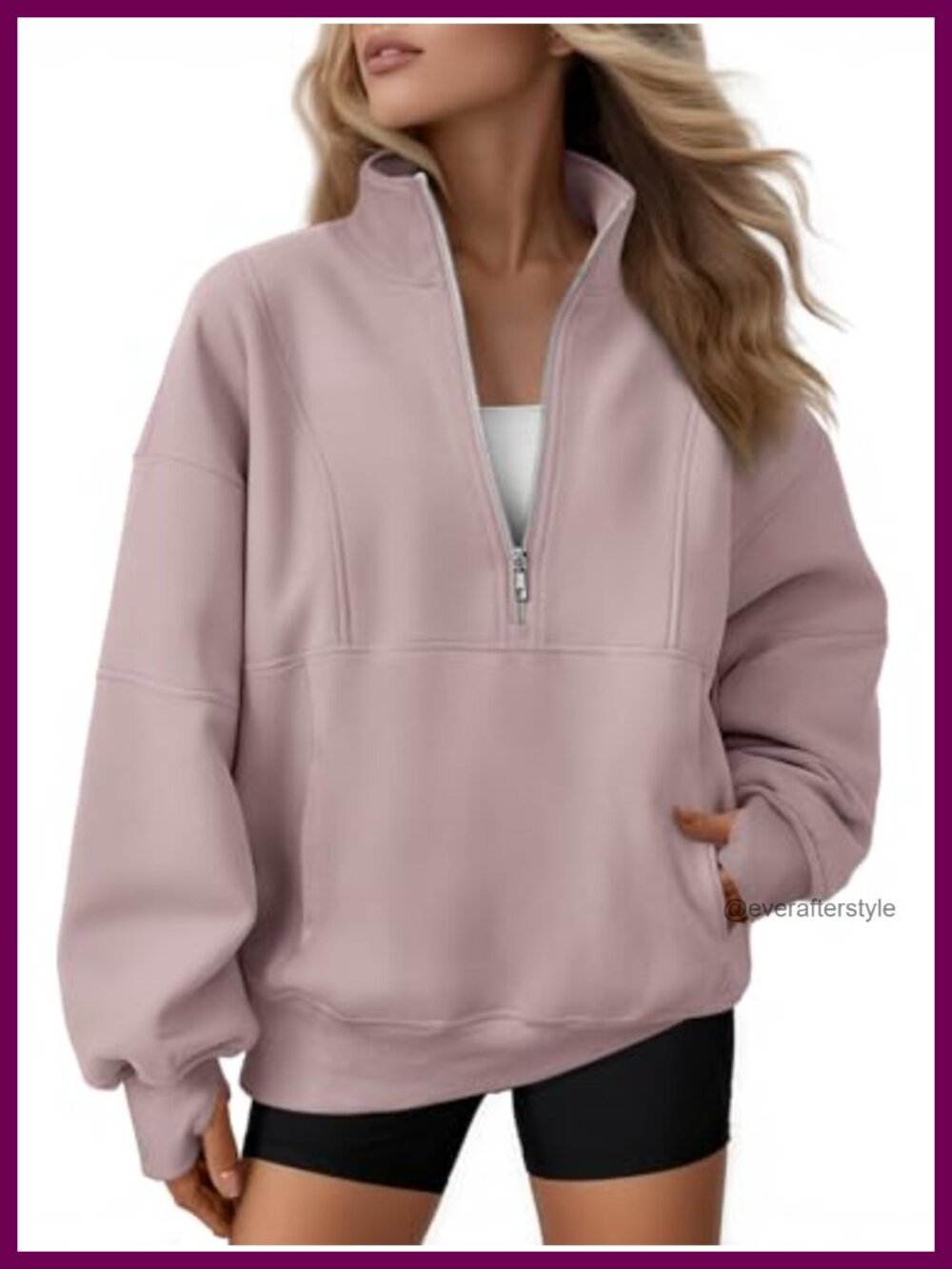 Quarter Zip Oversized Sweatshirt Fleece Mock Neck Pullover Thumbholes